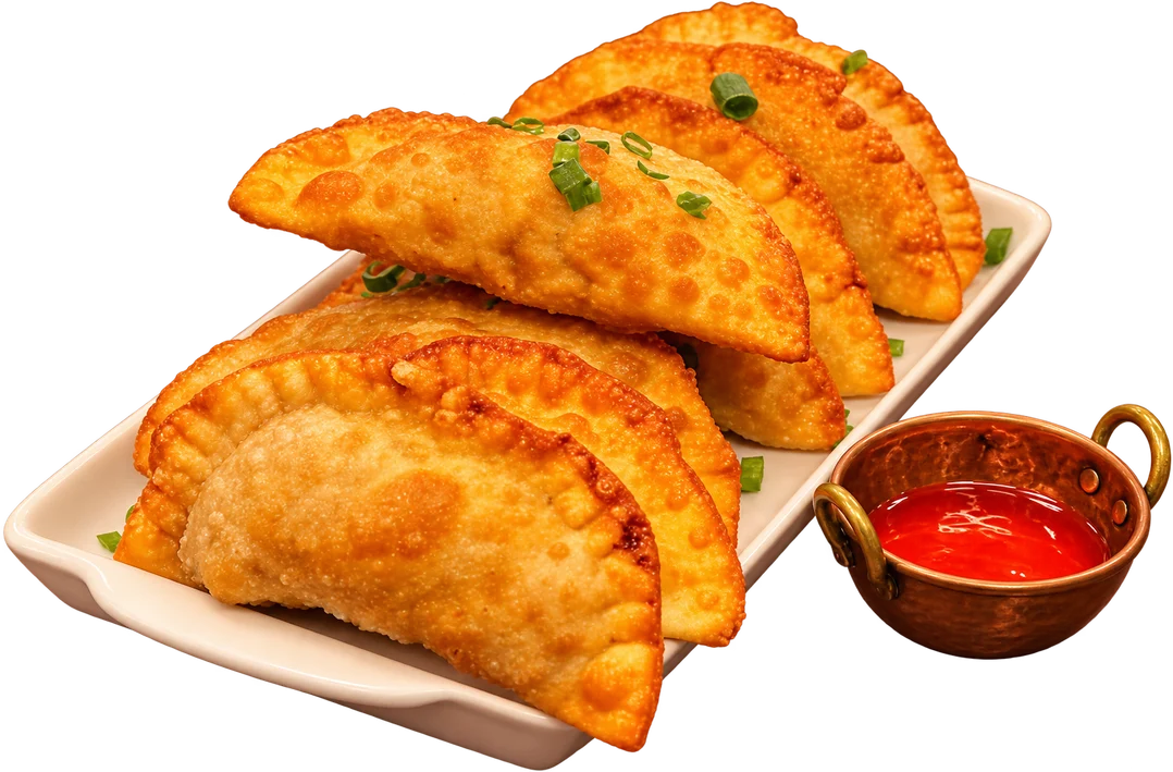 Pastel de costela com queijo e molho de pimenta