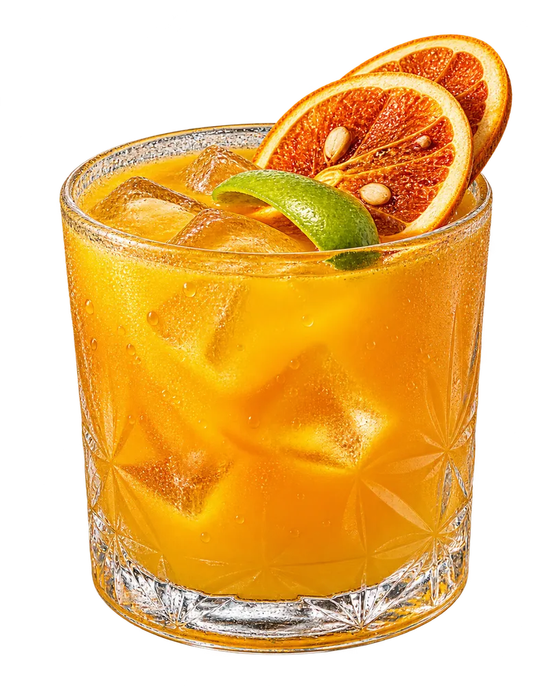 Drink cítrico com gelo, rodelas de laranja desidratada e casca de limão