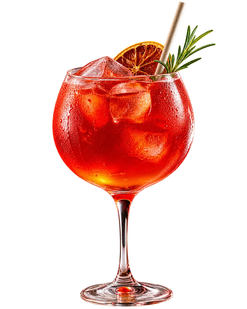 Drink vermelho em taça balão com laranja desidratada, alecrim e canudo